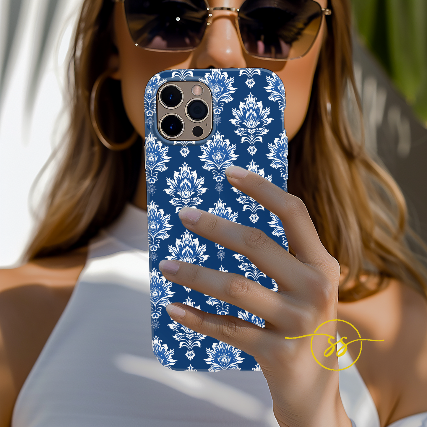 Traditional Thai pattern white motif on blue for Iphone