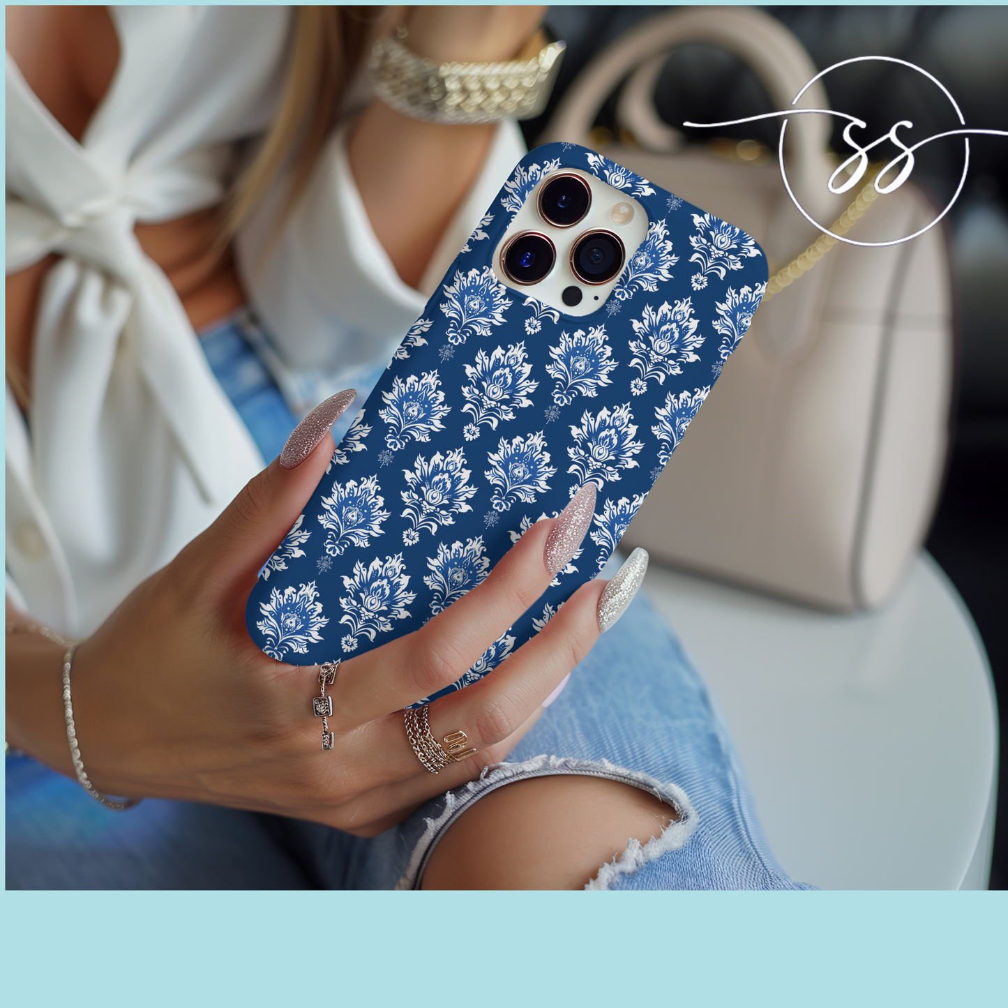 Traditional Thai pattern white motif on blue for Iphone
