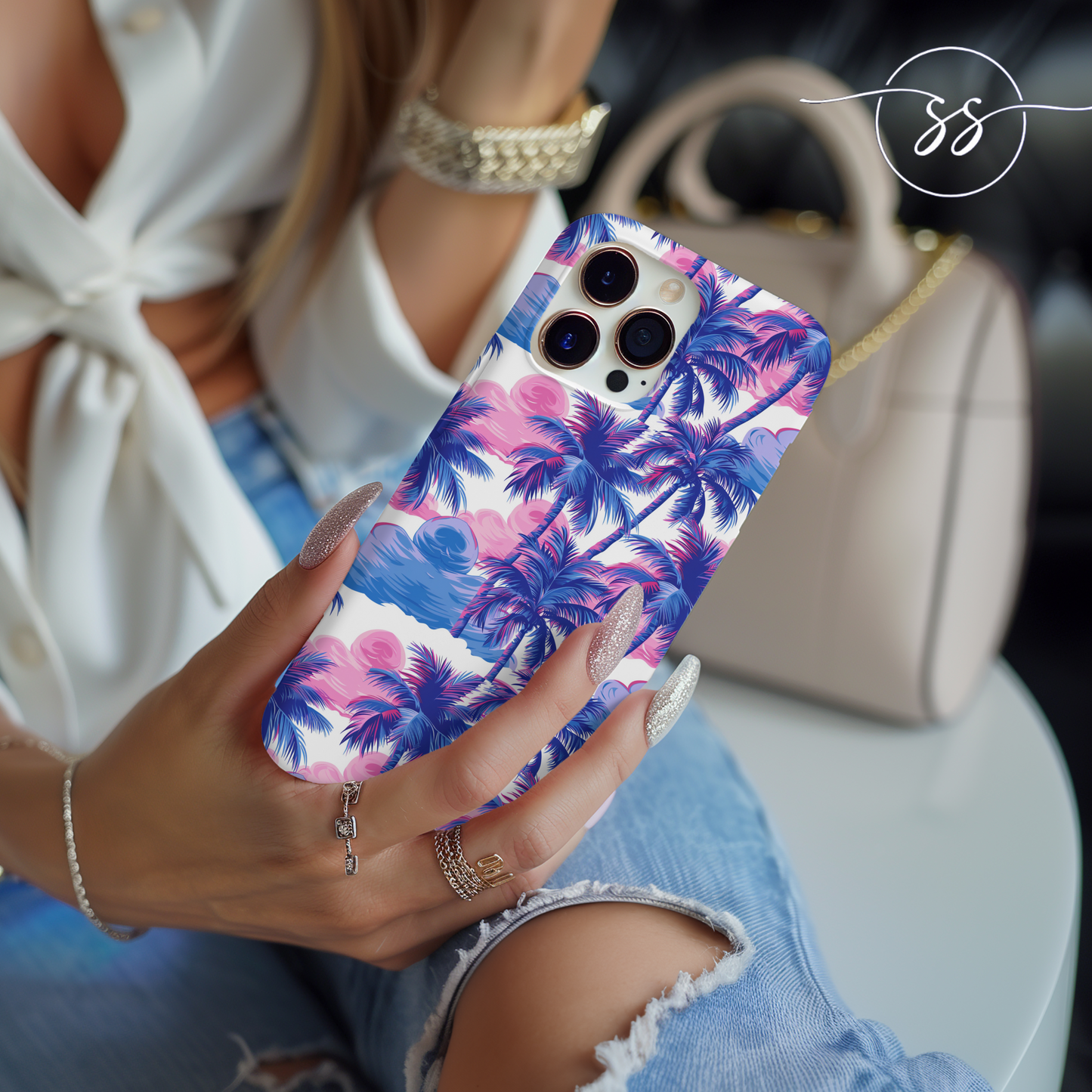 Palm tree pink and blue Thai design pattern